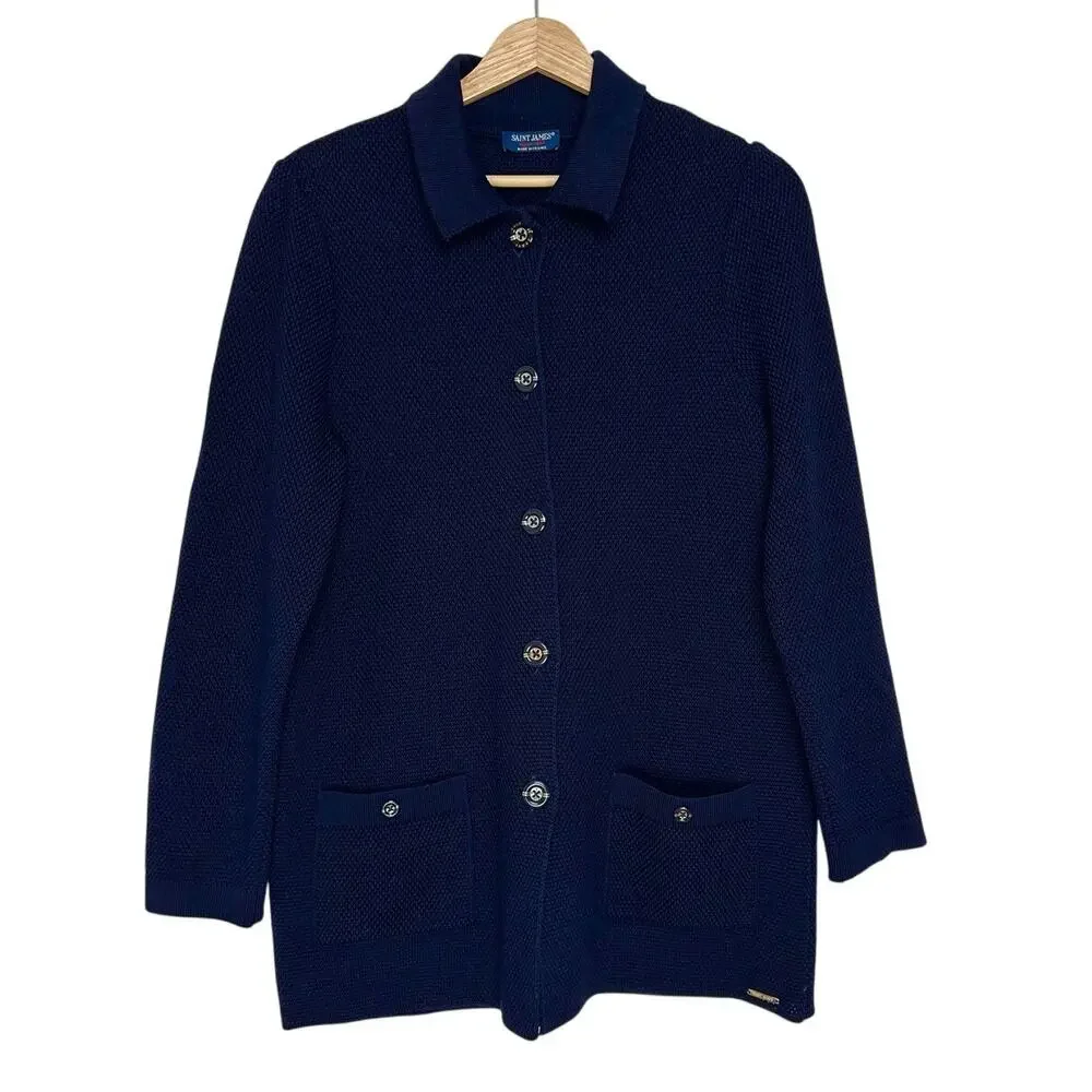 Saint James 100% Wool Long Cardigan Navy 10 - Picture 2 of 10